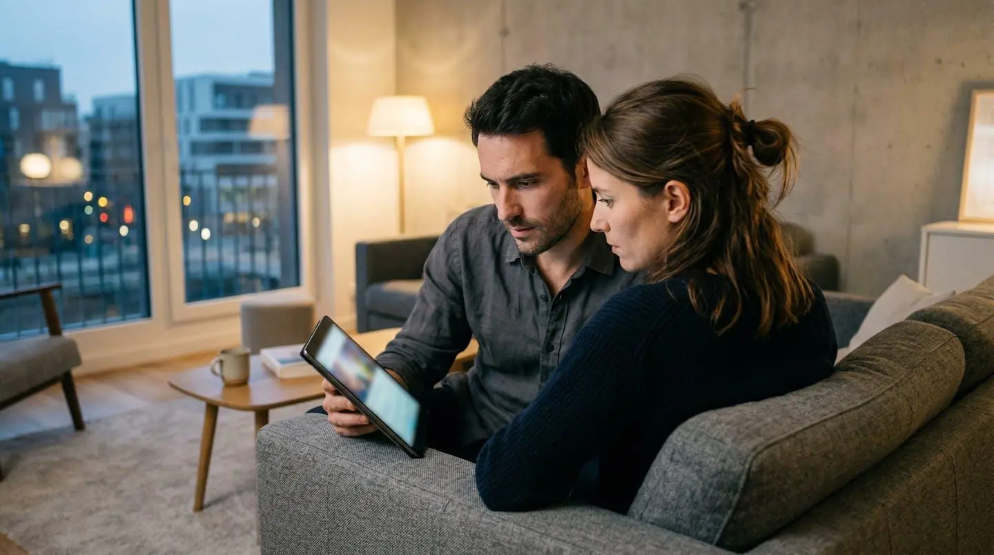 Un couple trentenaire assis sur un canapé gris consulte ensemble une tablette avec une expression concentrée, dans un intérieur d'appartement moderne aux lignes épurées