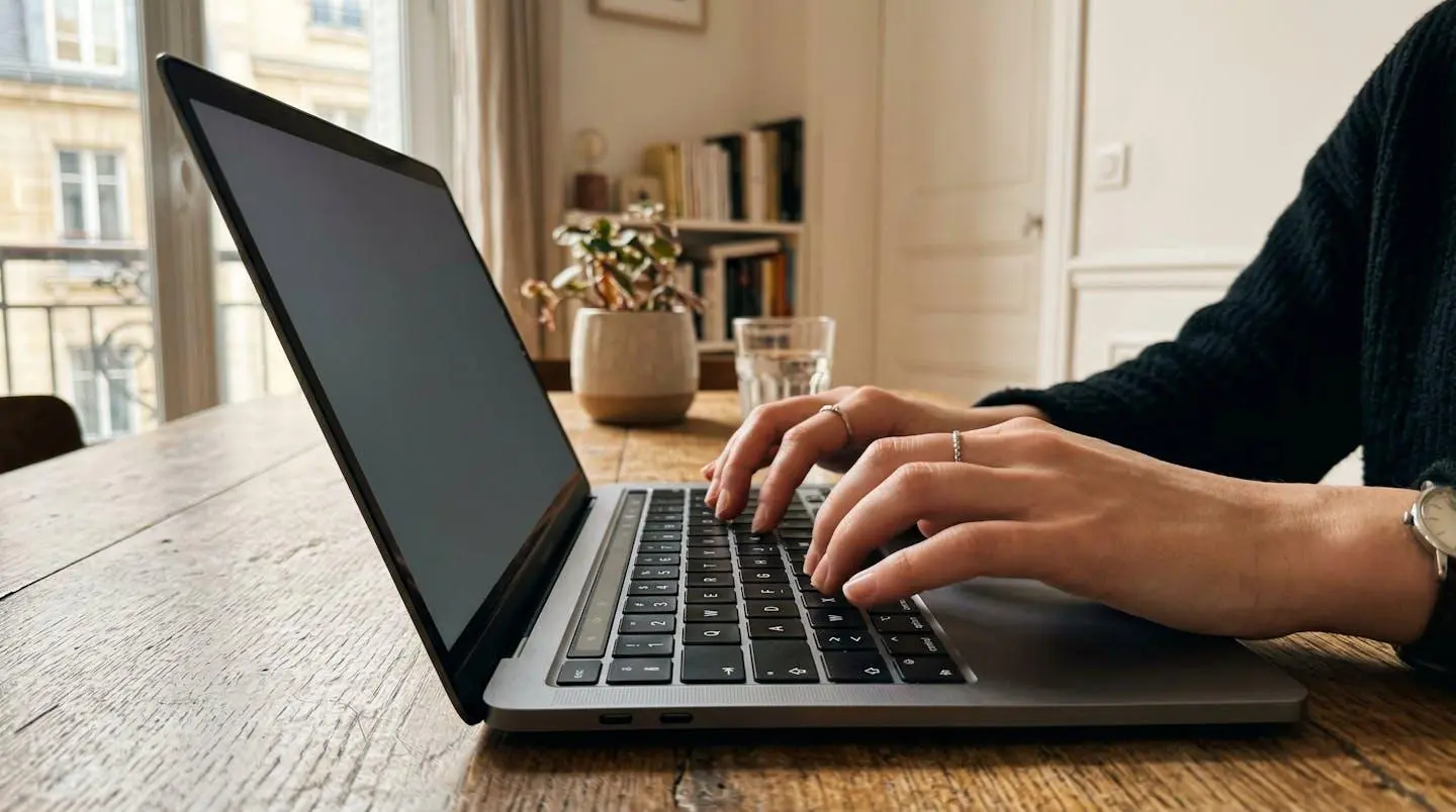 Gros plan sur des mains tapant sur le clavier d'un ordinateur portable moderne posé sur une table en bois, avec un intérieur d'appartement contemporain visible en arrière-plan flou