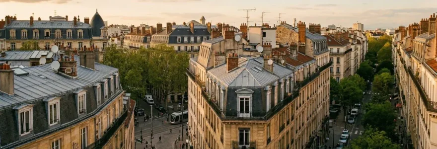 Vue plongeante sur les toits en tuiles et façades en pierre dorée des immeubles haussmanniens du 6e arrondissement de Lyon sous une lumière de fin d'après-midi
