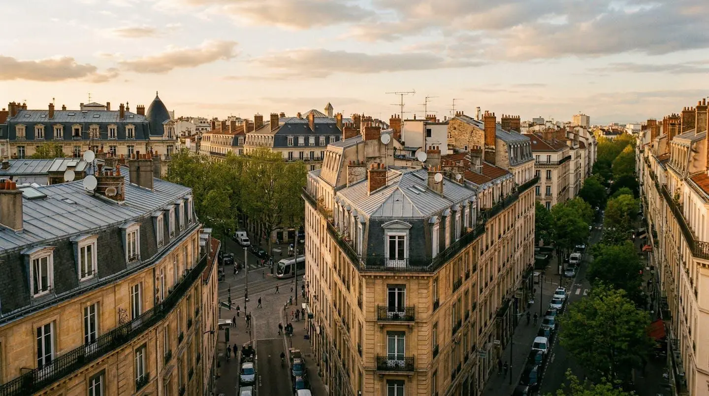 Vue plongeante sur les toits en tuiles et façades en pierre dorée des immeubles haussmanniens du 6e arrondissement de Lyon sous une lumière de fin d'après-midi