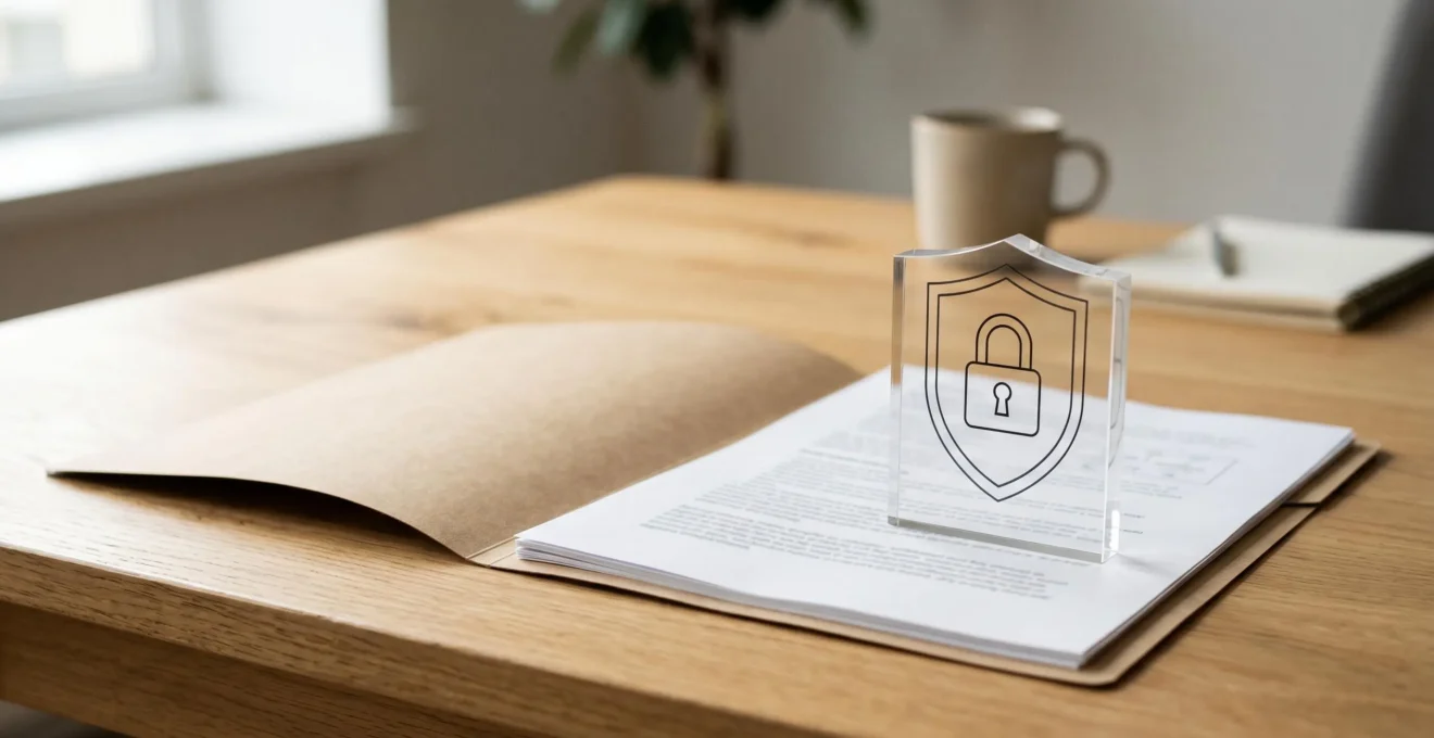Photographie d'un dossier ouvert sur une table en bois, protégé par un bouclier transparent en verre gravé d'un cadenas, symbolisant la protection des données personnelles.