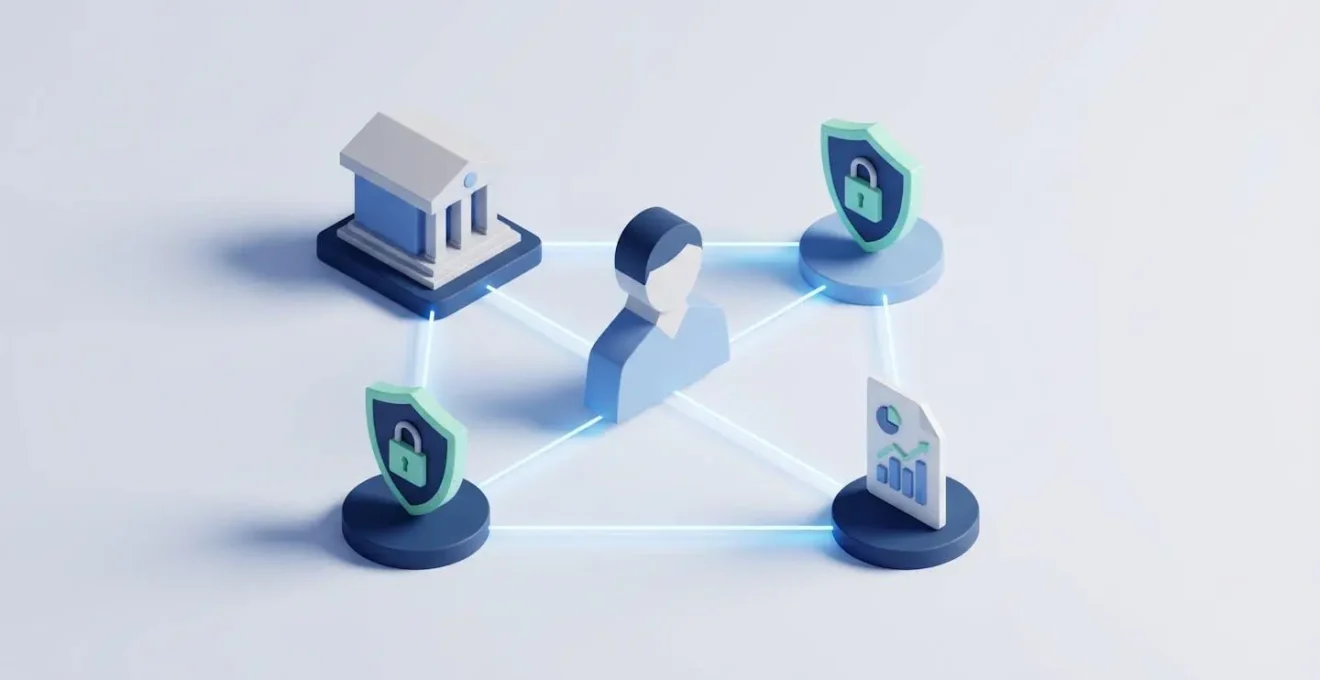Illustration isométrique représentant un emprunteur au centre, connecté à une banque, un système de protection des données et un fichier de crédit, symbolisant le circuit d'information bancaire.
