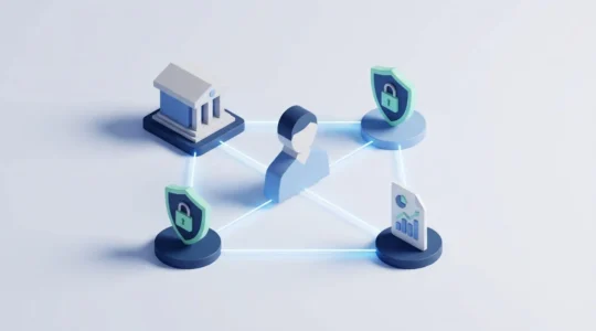 Illustration isométrique représentant un emprunteur au centre, connecté à une banque, un système de protection des données et un fichier de crédit, symbolisant le circuit d'information bancaire.